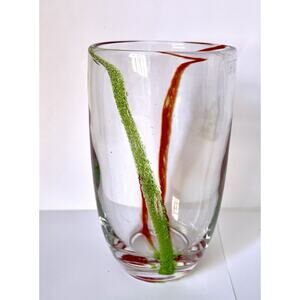 One Hand Blown Artland Drinking Glasses w/ Green and Red Swirl